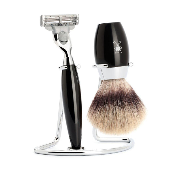 KOSMO - shaving set Silvertip Fibre, 3-parts, Gillette® Mach3,  Sort kunstharpiks